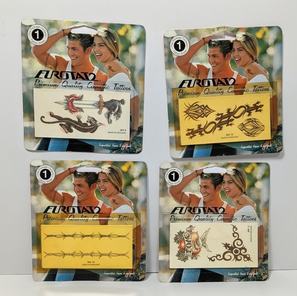 Eurotat2 Sealed Tattoos 4 Sealed Packs 1998 Made in England Y2K Tribal etc Vtg